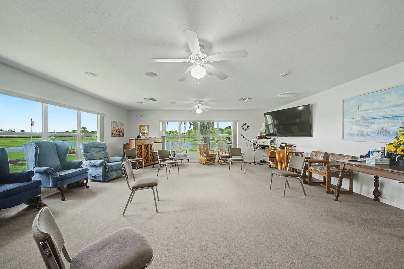 The Lodge common room looking toward the lake windows